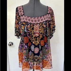 BOHO ECI New York POLYESTER CHIFFON PEASANT SMOCK TOP CAMISOLE LINING XL HIPPIE